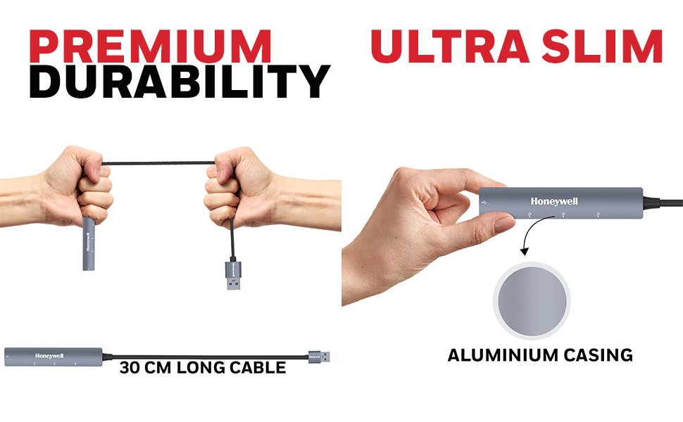 Honeywell Newly Launched 4-in-1 Ultra Slim USB Hub 1xUSB 3.0 & 3 x USB 2.0 Ports, 30cms Cable, DataTransfer Speed Upto 5GBPS