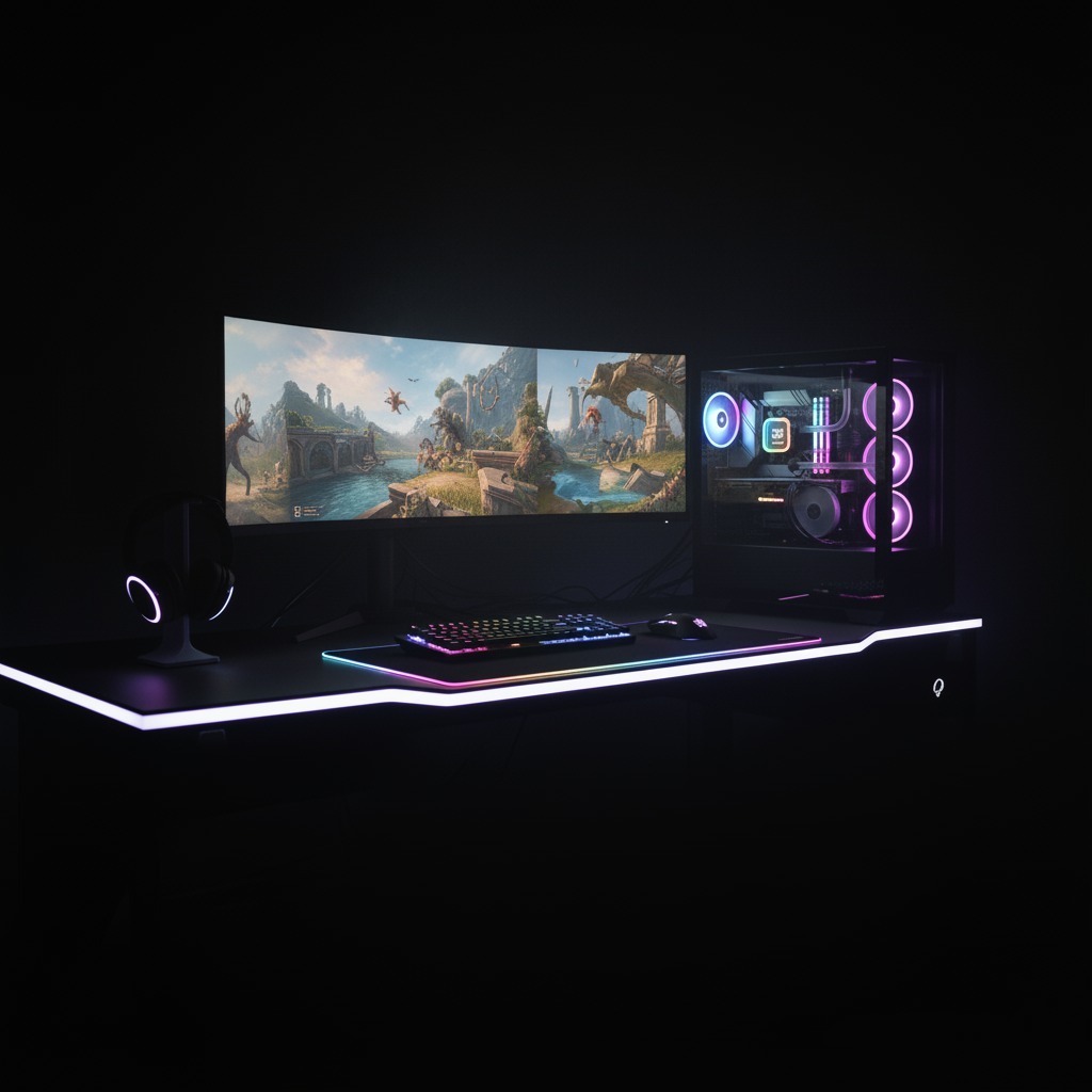 Custom-built high-performance gaming PC setup by Advanced Computer Solutions, featuring a curved RGB-lit desk and tower. The best place to buy computer near Gariahat.