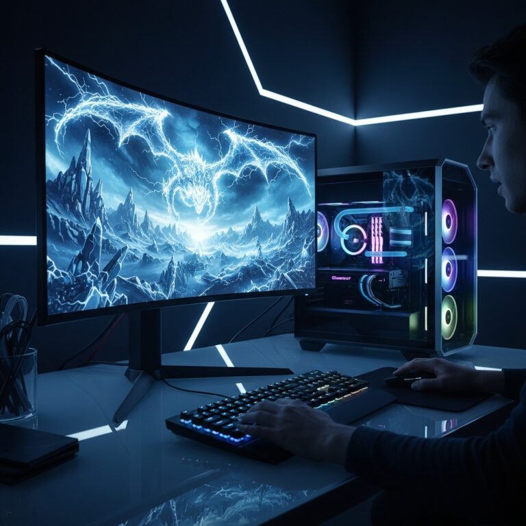 User playing an intense game on a large curved monitor, powered by a custom-built RGB gaming PC. Provided by Advanced Computer Solutions. Best place to buy computer near Gariahat.